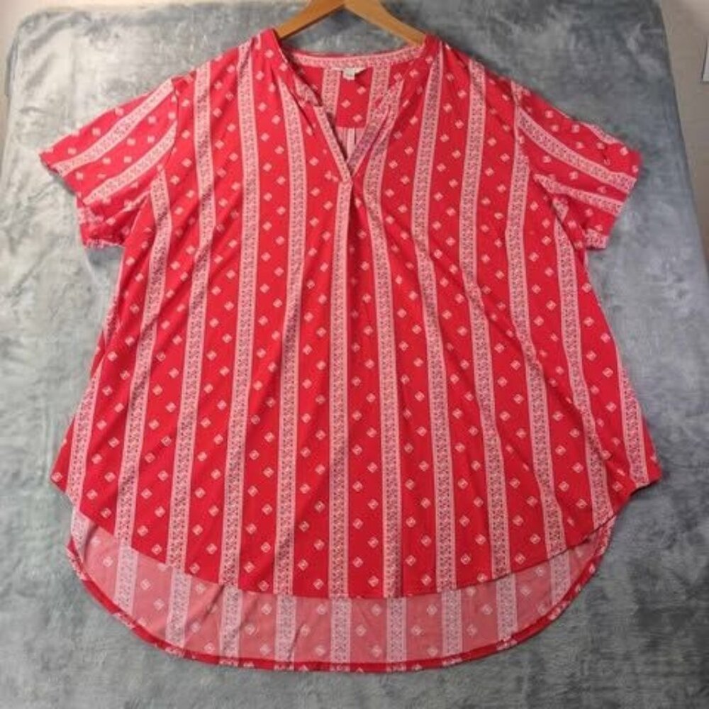 Cato Women’s Blouse 26/28W Red Geo Print‎ High Low Stretch Boho Casual Plus Size